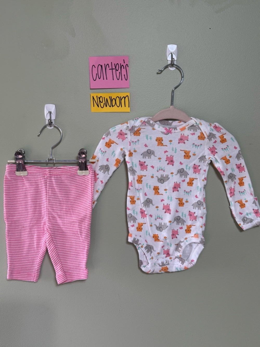 NWOT Carter's White Animal Print Long Sleeve Onesie with Pink Striped Pants, NB